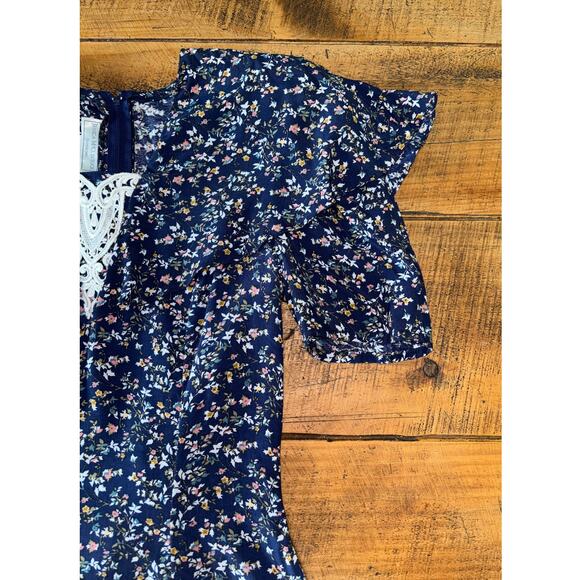 GUNNE SAX Womens Navy Blue Floral Long Prairie Cottage Short Sleeve Vtg Dress‎ - Picture 11 of 16